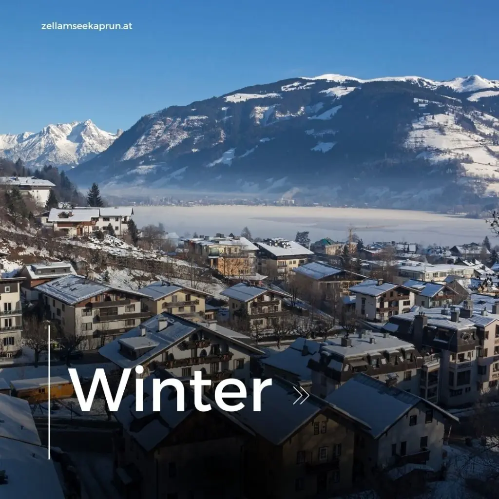 Verschneite Winterlandschaft in Zell am See-Kaprun mit Bergen und zugefrorenem See