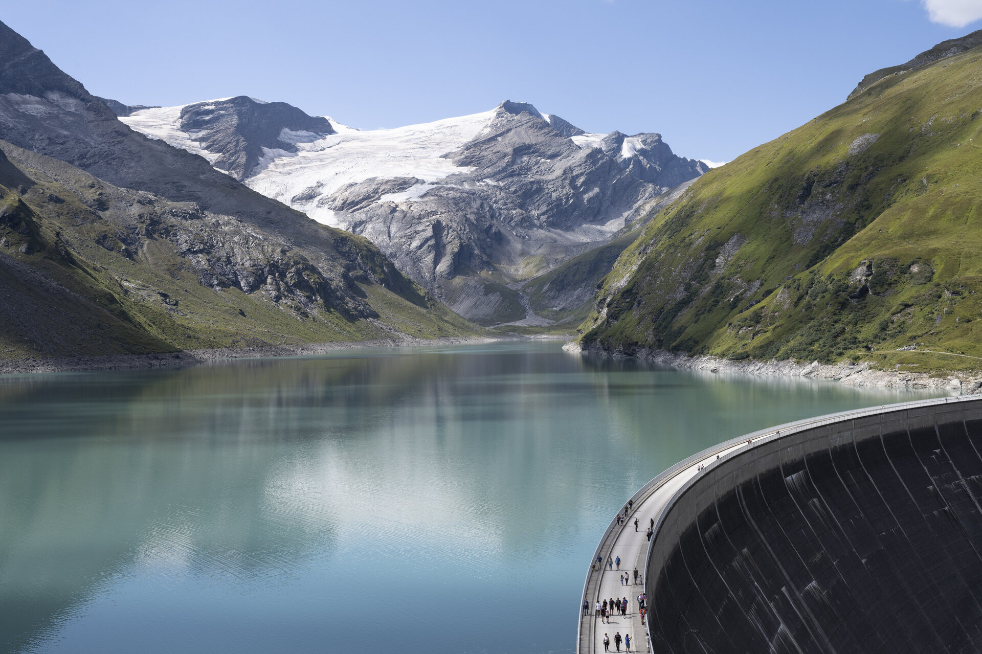 The Mooserboden reservoir at the high mountain reservoirs in Zell am See-Kaprun, Austria