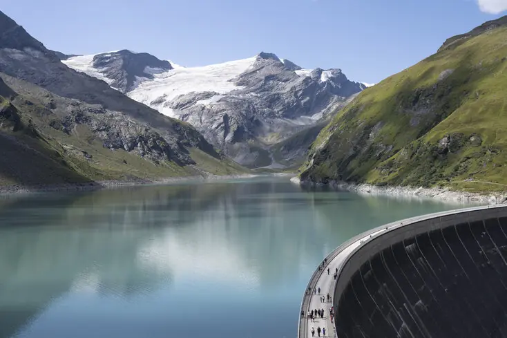 The Mooserboden reservoir at the high mountain reservoirs — Zell am See-Kaprun, Austria