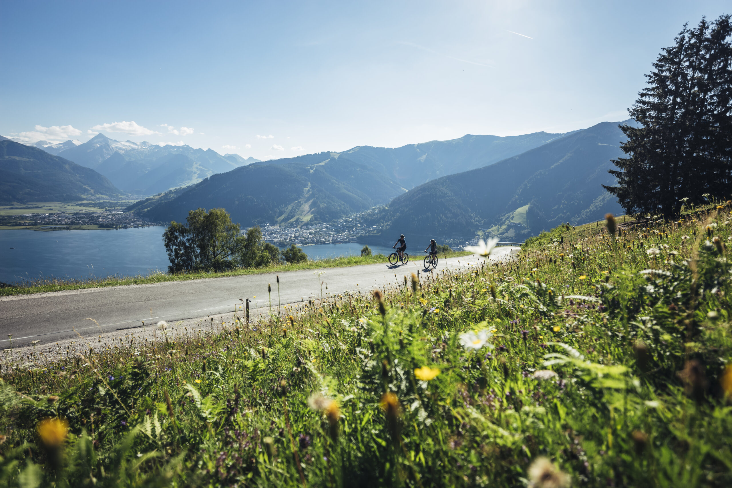 Mountainbiker auf einem Trail in Zell am See-Kaprun mit Blick auf die Alpen