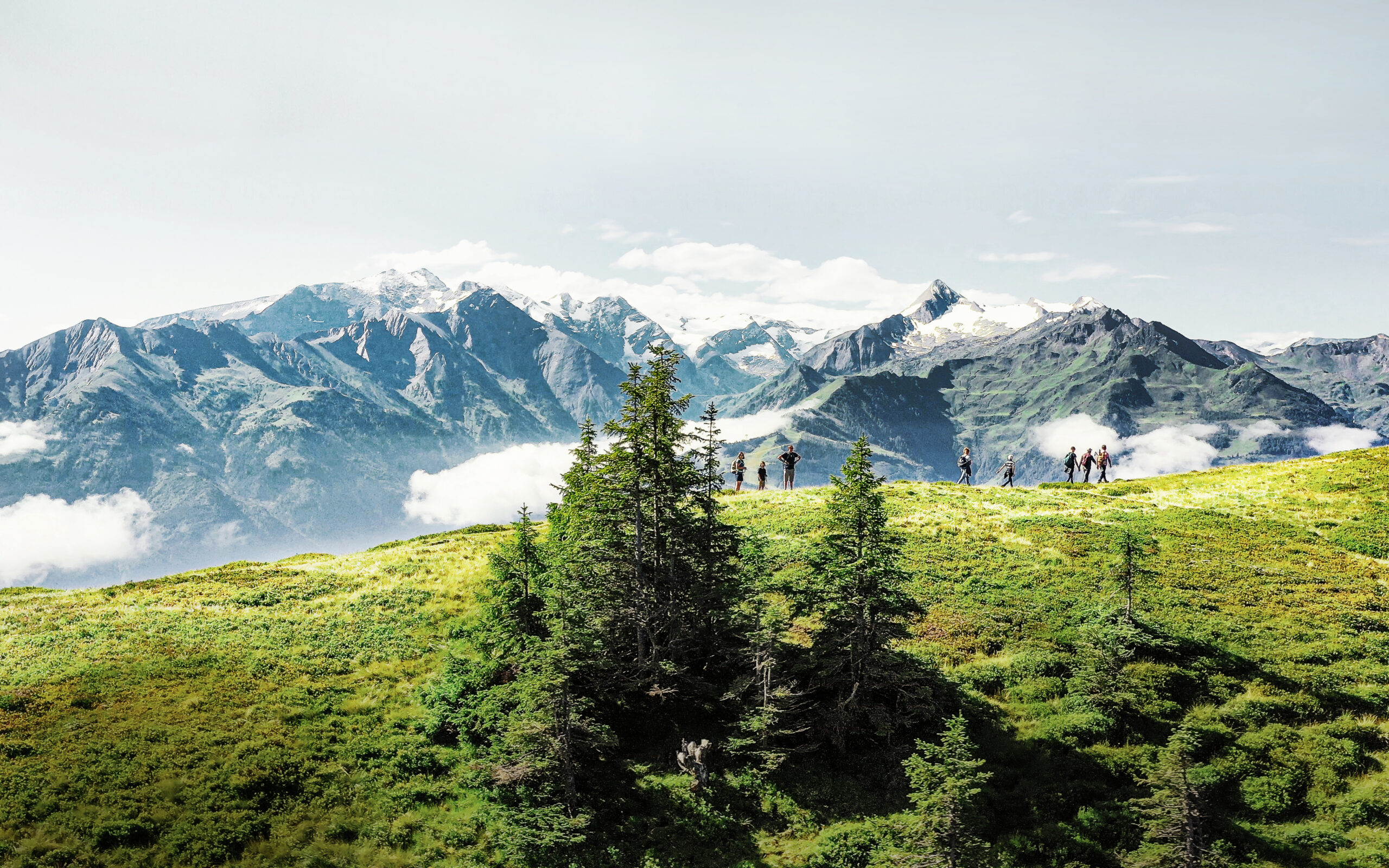 Wanderer auf dem Hohe Tauern Panorama Trail mit Blick auf die Alpen und den Zeller See