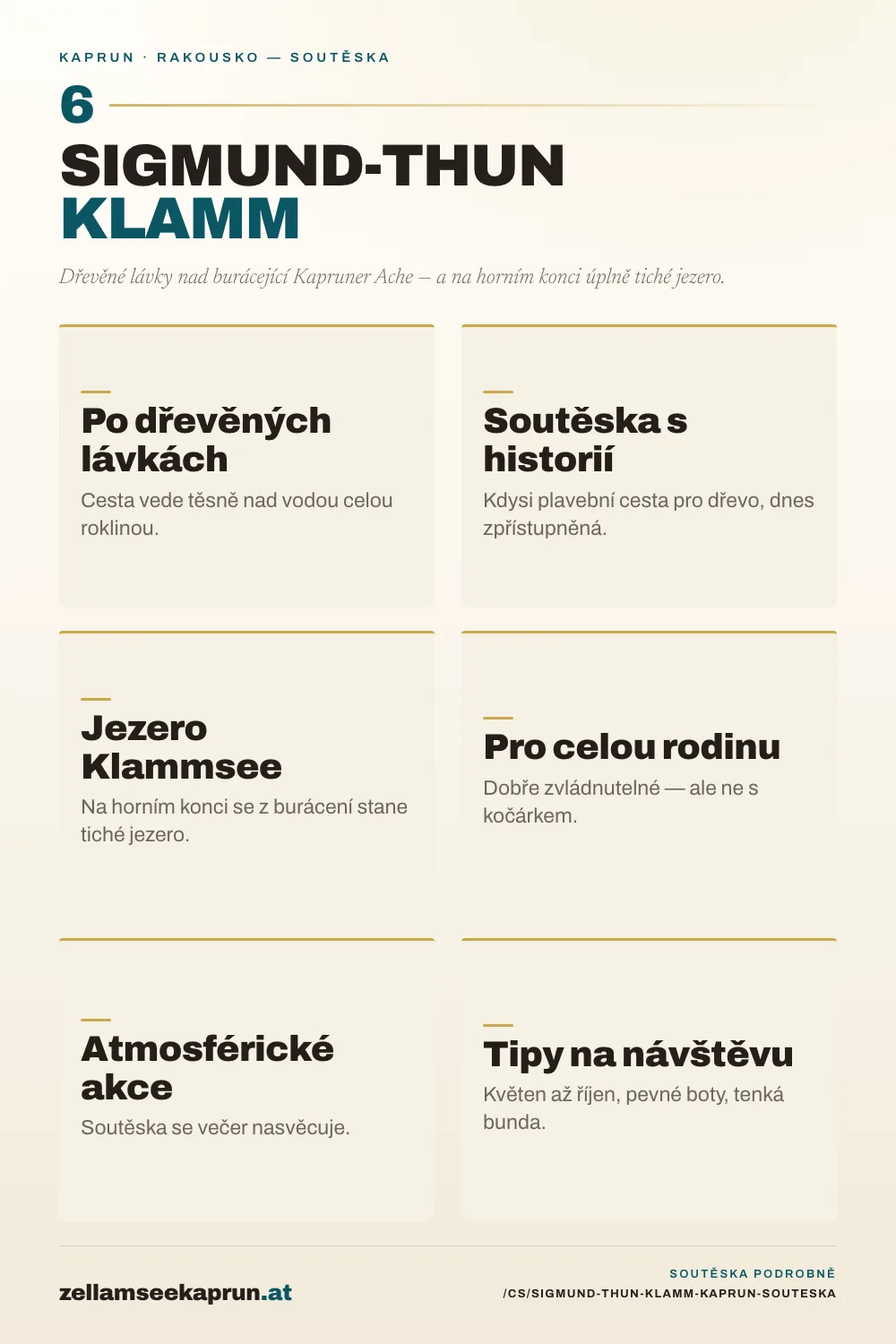 Infografika: Soutěska Sigmund-Thun-Klamm v Kaprunu – pěšky vodní roklinou