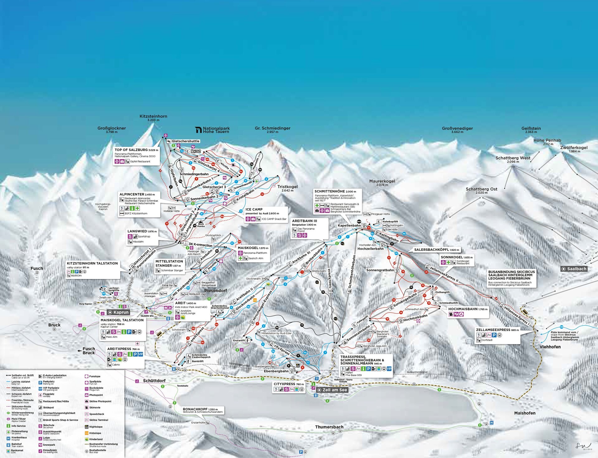 Pistenplan und Regionspanorama Zell am See-Kaprun Winter 2026/27 mit Schmittenhoehe, Kitzsteinhorn und Maiskogel